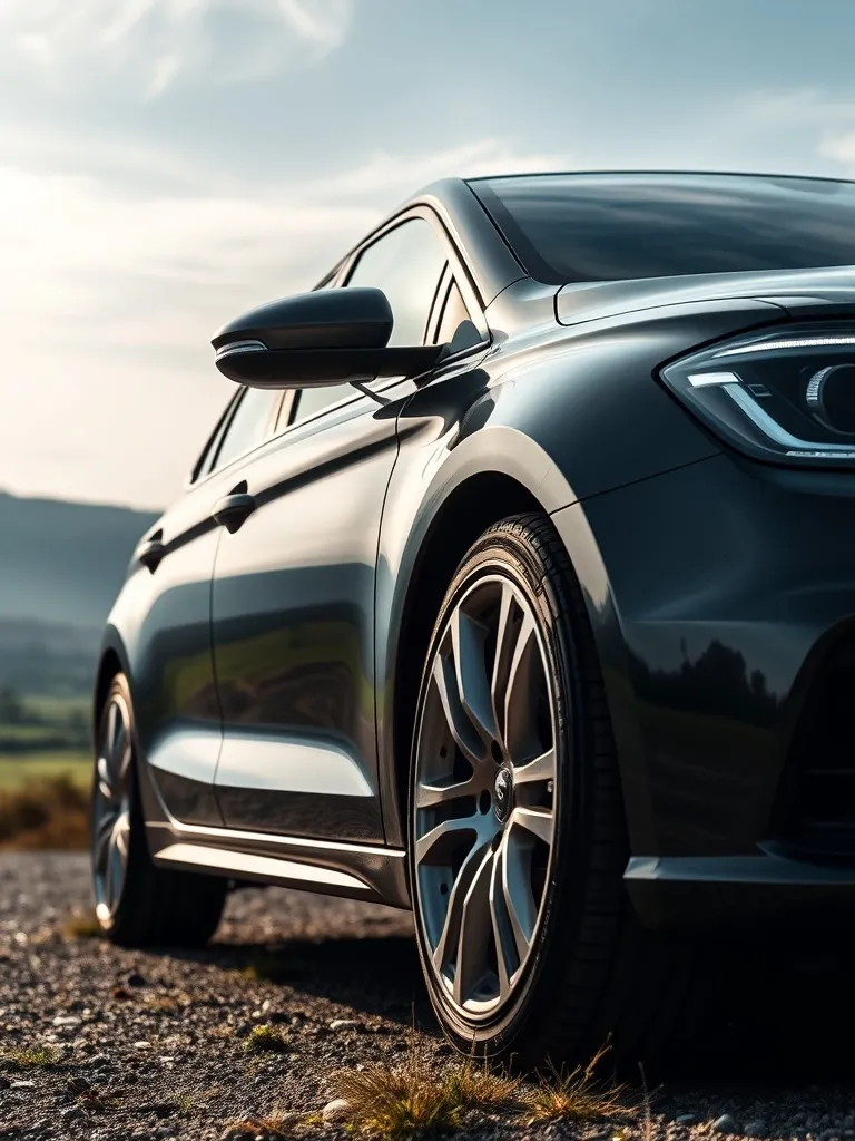 A professional photo of a clean car in a scenic landscape, f
