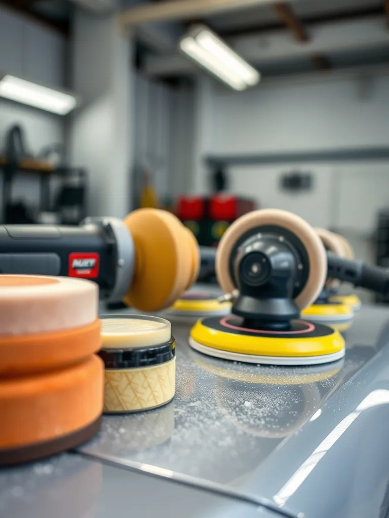 Close up of professional car polishing buffers and various a